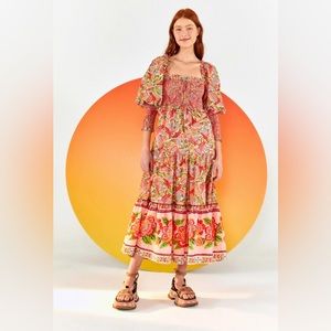 FARM Rio Pink Macaw Flight Smocked Top Midi Dress